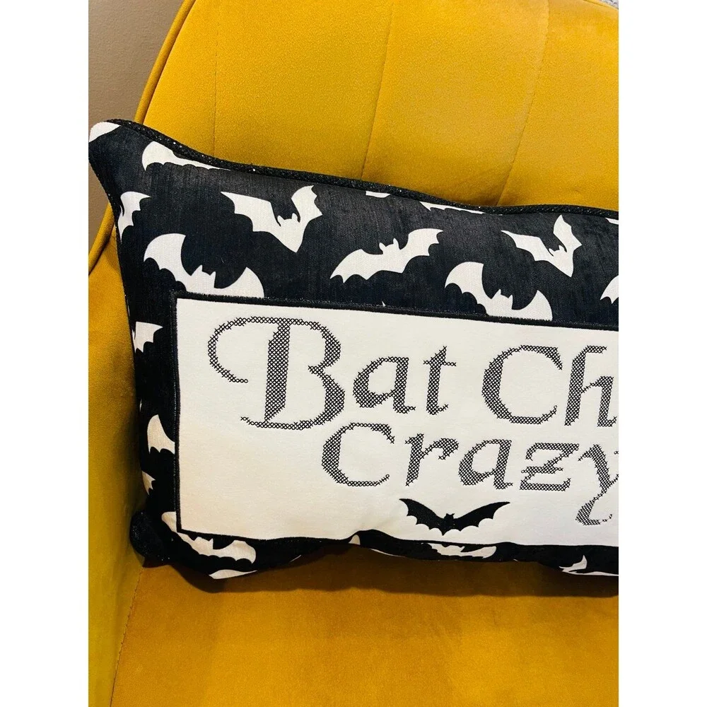 EMBROIDERED BAT CHIC CRAZY Halloween Pillow